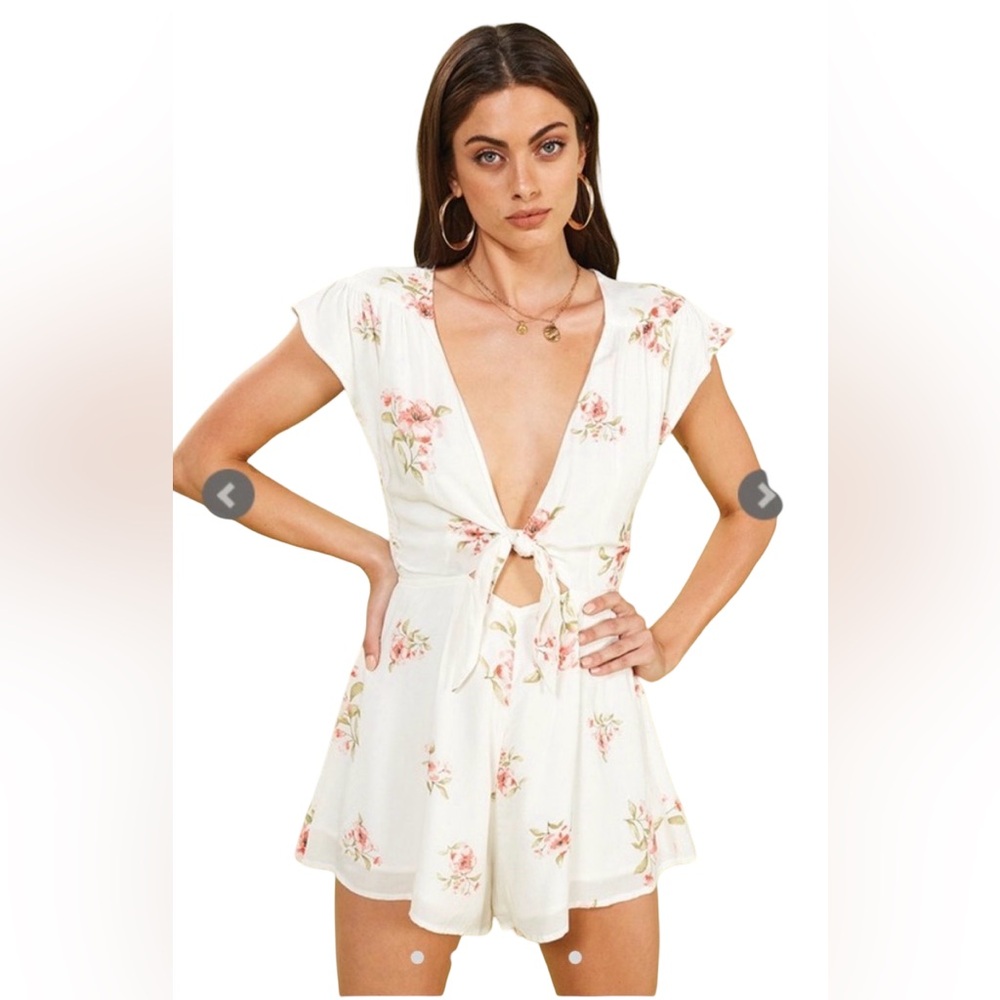 Floral Tie-Front Romper in Cream with Pink Roses
